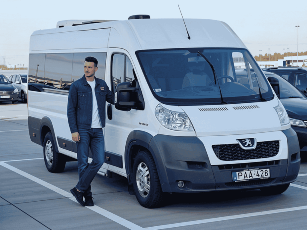 A Transport-r Bt kisbusza áll a parkolóban. Mellette sofőr.